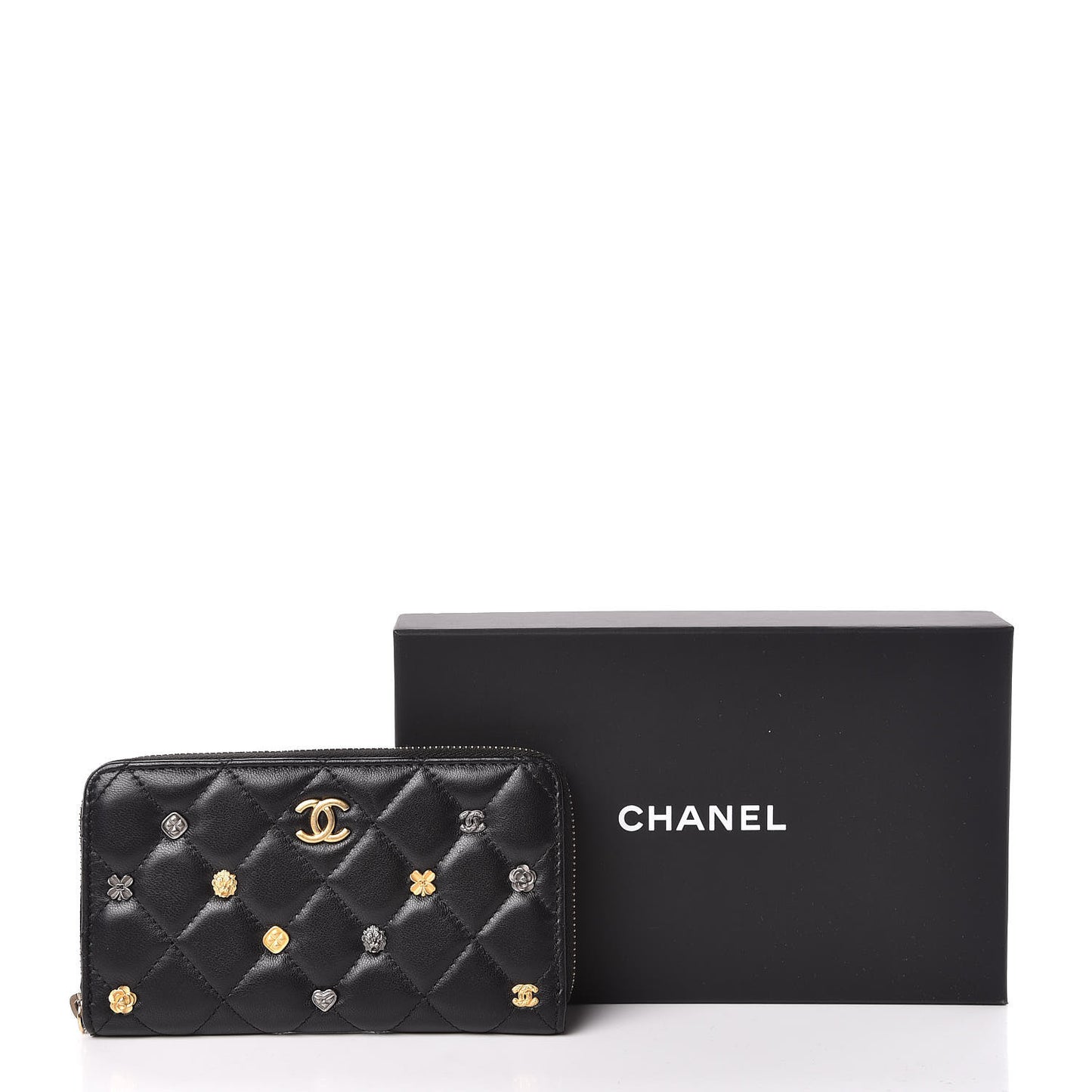 Lambskin Quilted Small Lucky Charms Zip Around Wallet Black