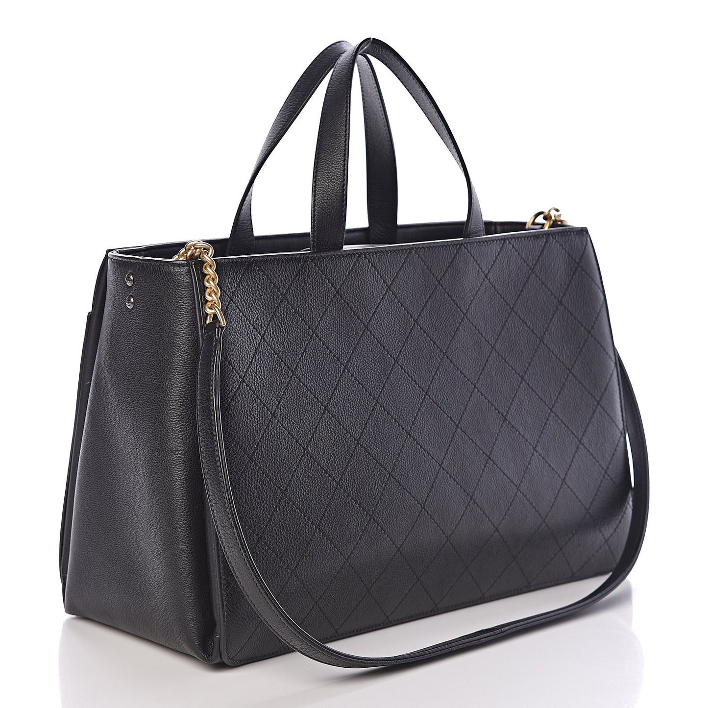 Calfskin Stitched Large Straight Lines Shopping Tote Black