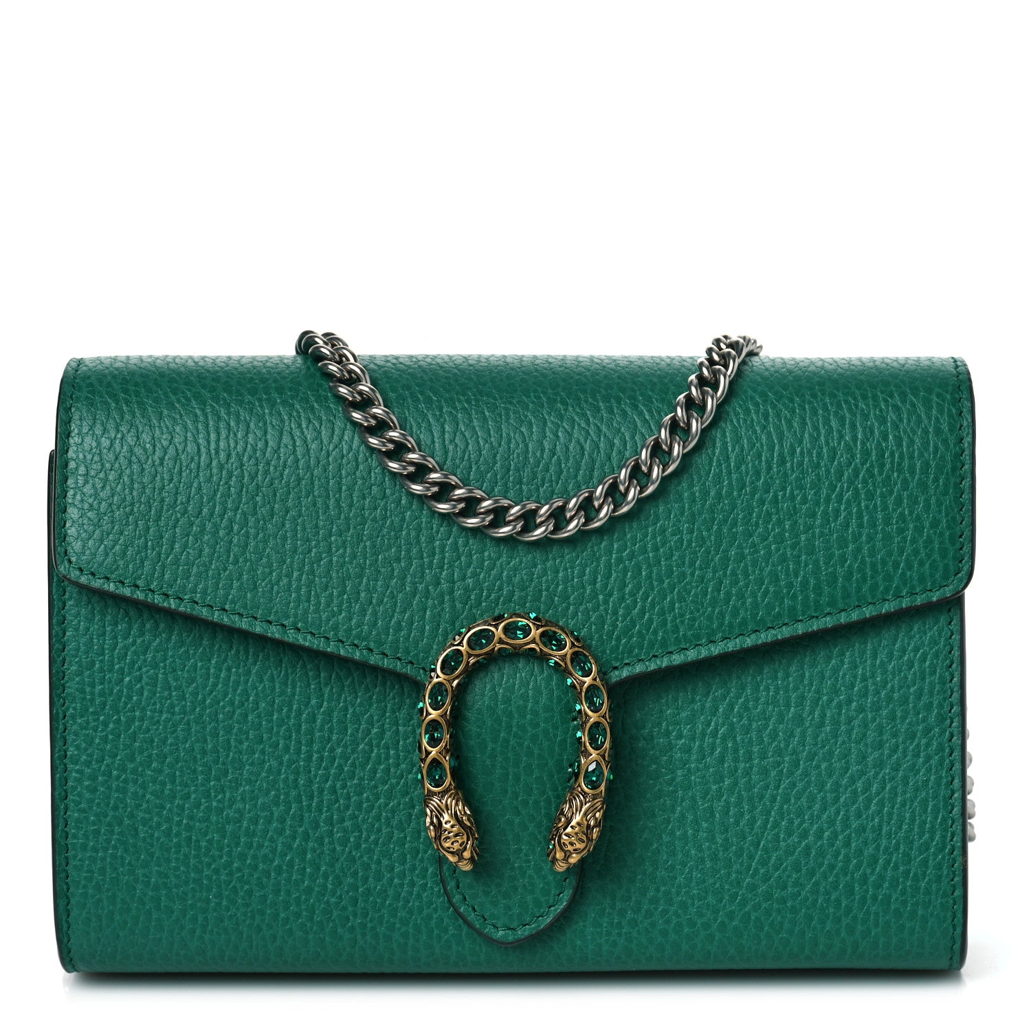 front view image of a GUCCI Calfskin Mini Dionysus Chain Wallet in the color Emerald by FASHIONPHILE