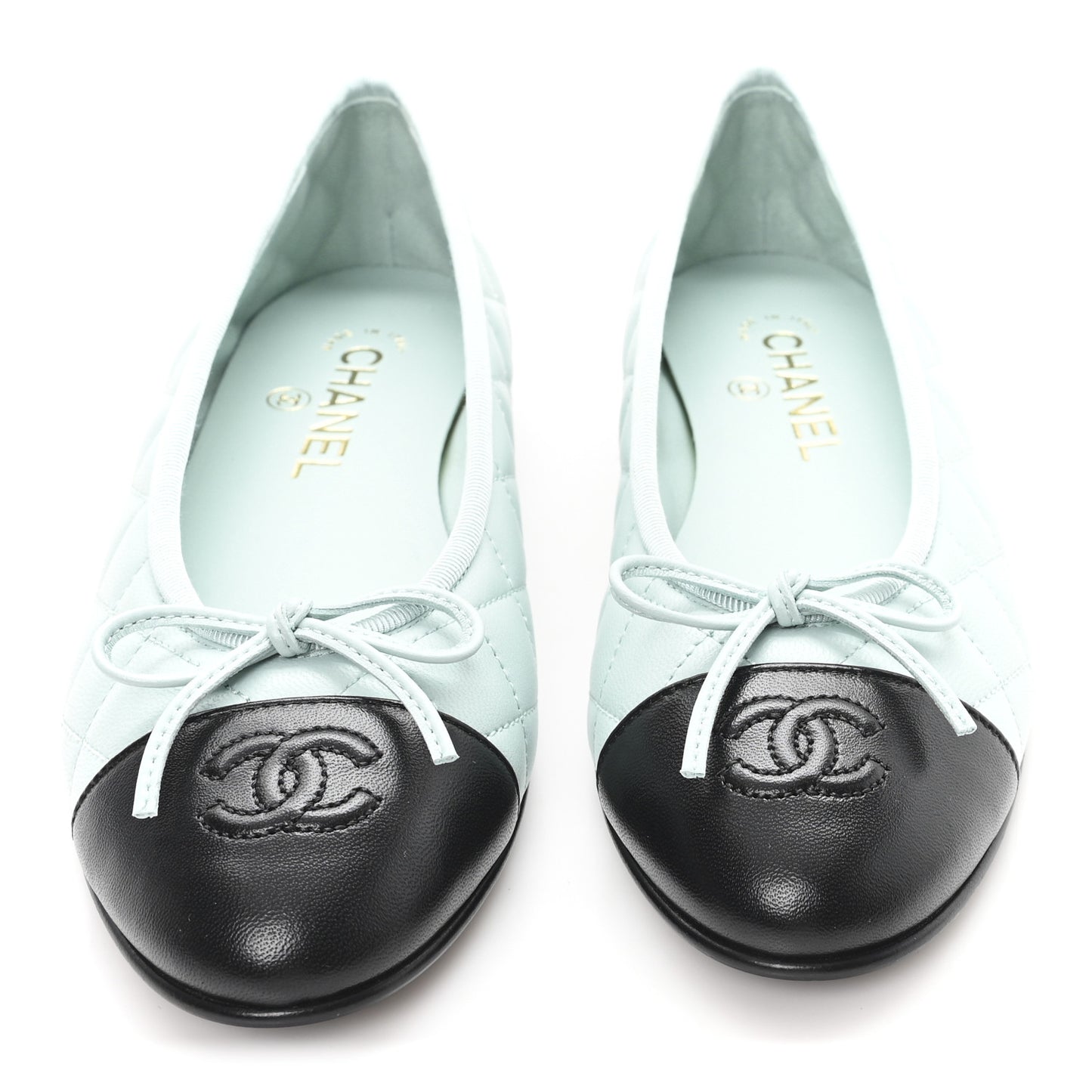 Lambskin Quilted CC Cap Toe Ballerina Flats 37.5 Light Blue Black