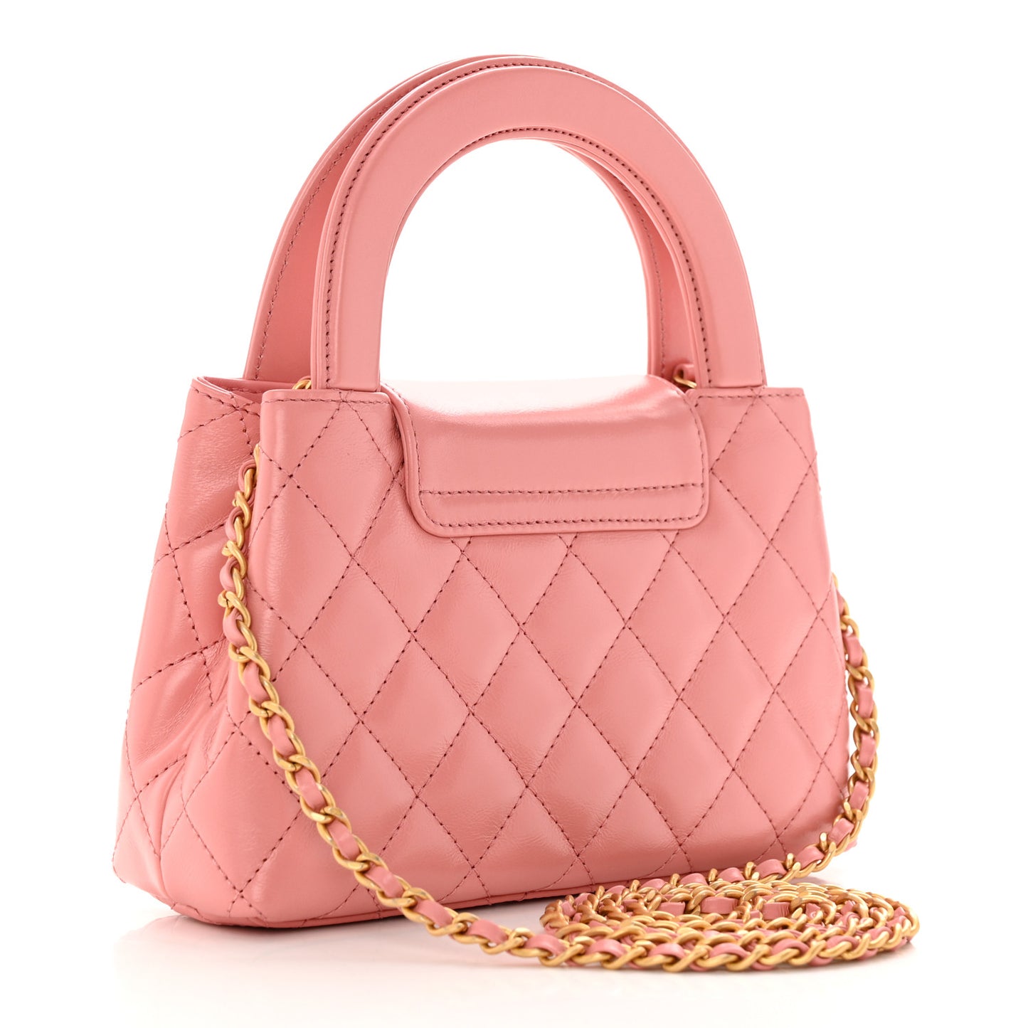 Shiny Aged Calfskin Quilted Nano Kelly Shopper Coral Pink