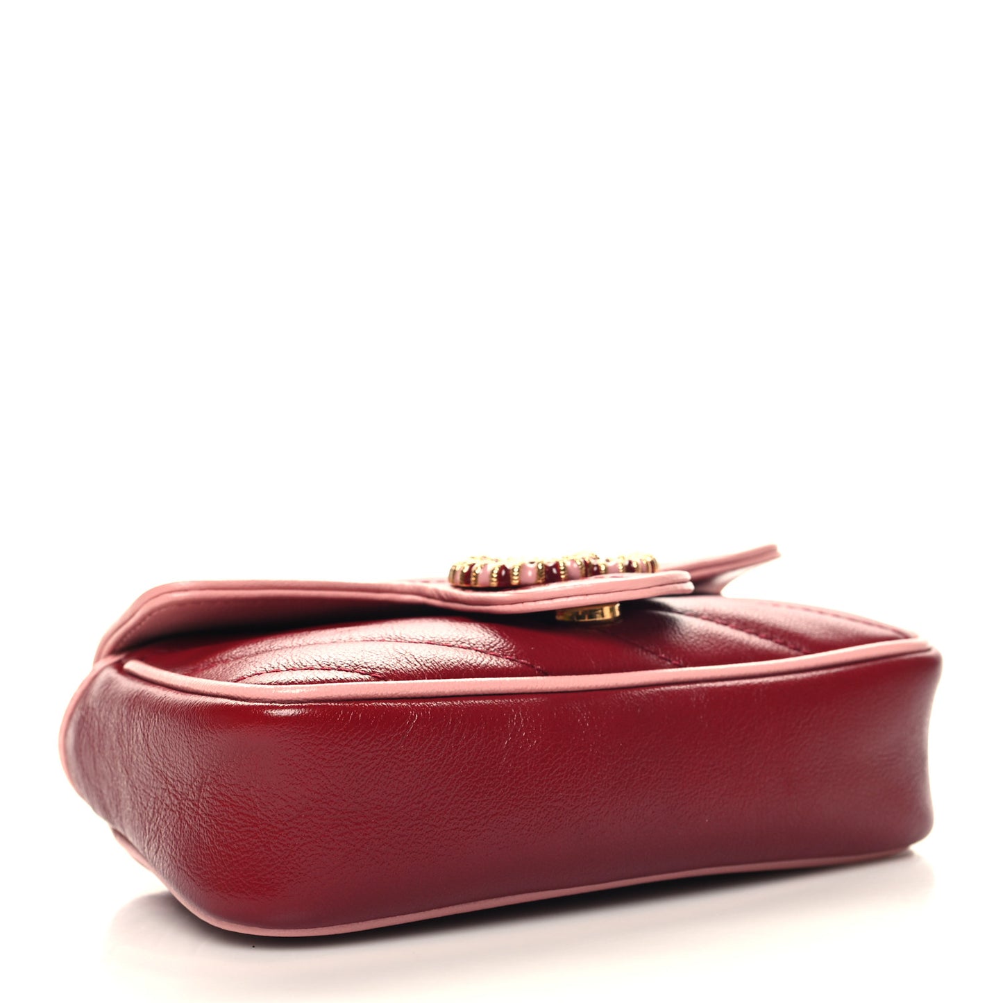 Azalea Calfskin Enamel Matelasse Diagonal Super Mini Torchon GG Marmont Shoulder Bag New Cherry Red Wild Rose