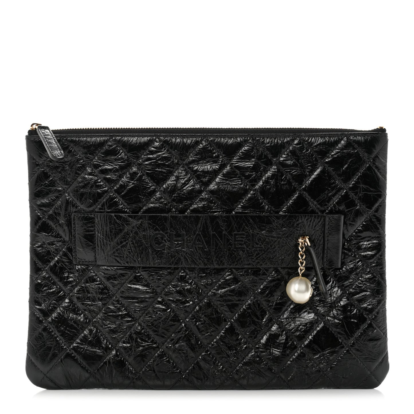 Shiny Crumpled Calfskin Quilted Medium Night by the C Pouch Clutch Black