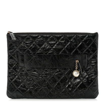 Chanel Shiny Crumpled Calfskin Quilted Medium Night by the C Pouch Clutch Black 1 of 8