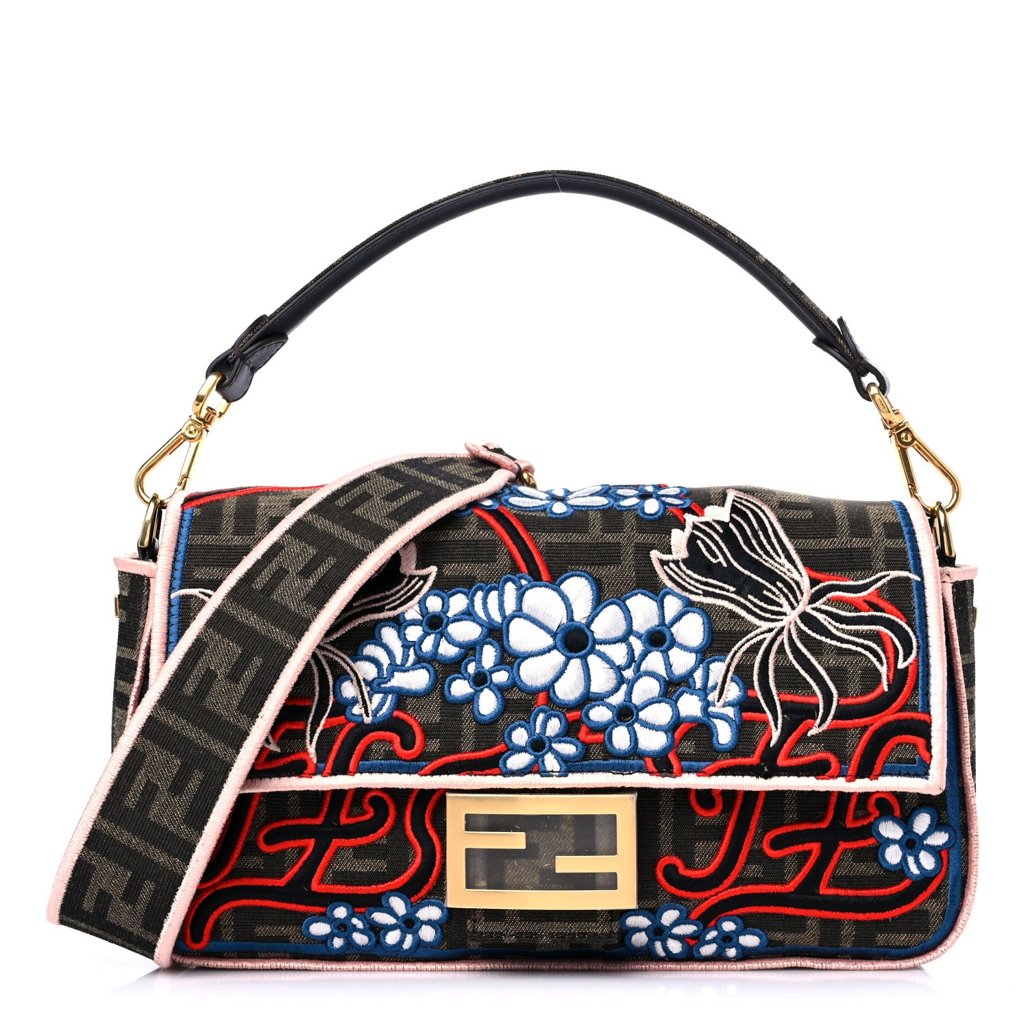 Fendi Fabric Jacquard FF 1974 Karligraphy Embroidered Baguette Tobacco Moro Rosso 1 of 8