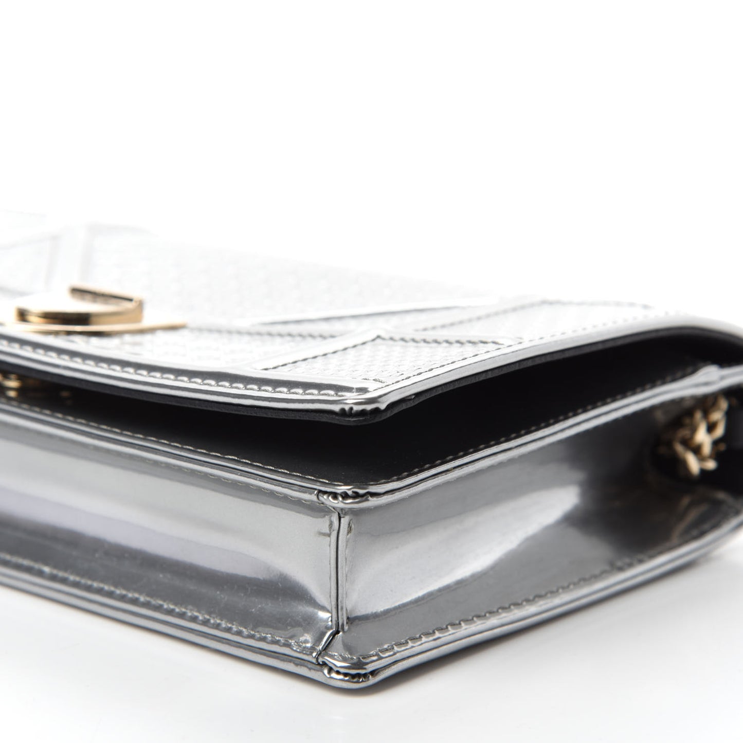 Metallic Patent Micro-Cannage Diorama Wallet on Chain Pouch Silver