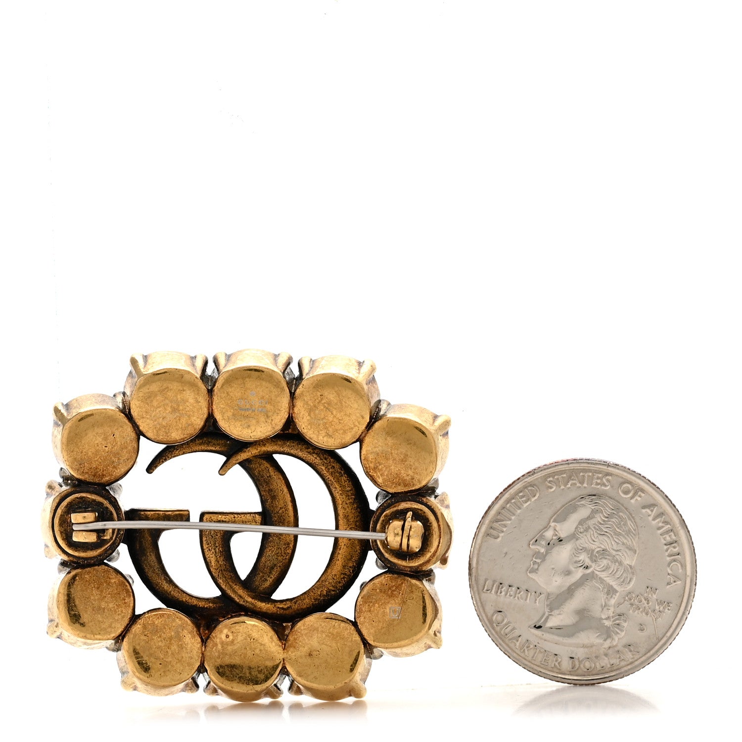 Gucci Metal Crystal Double G Brooch Aged Gold 2 of 5