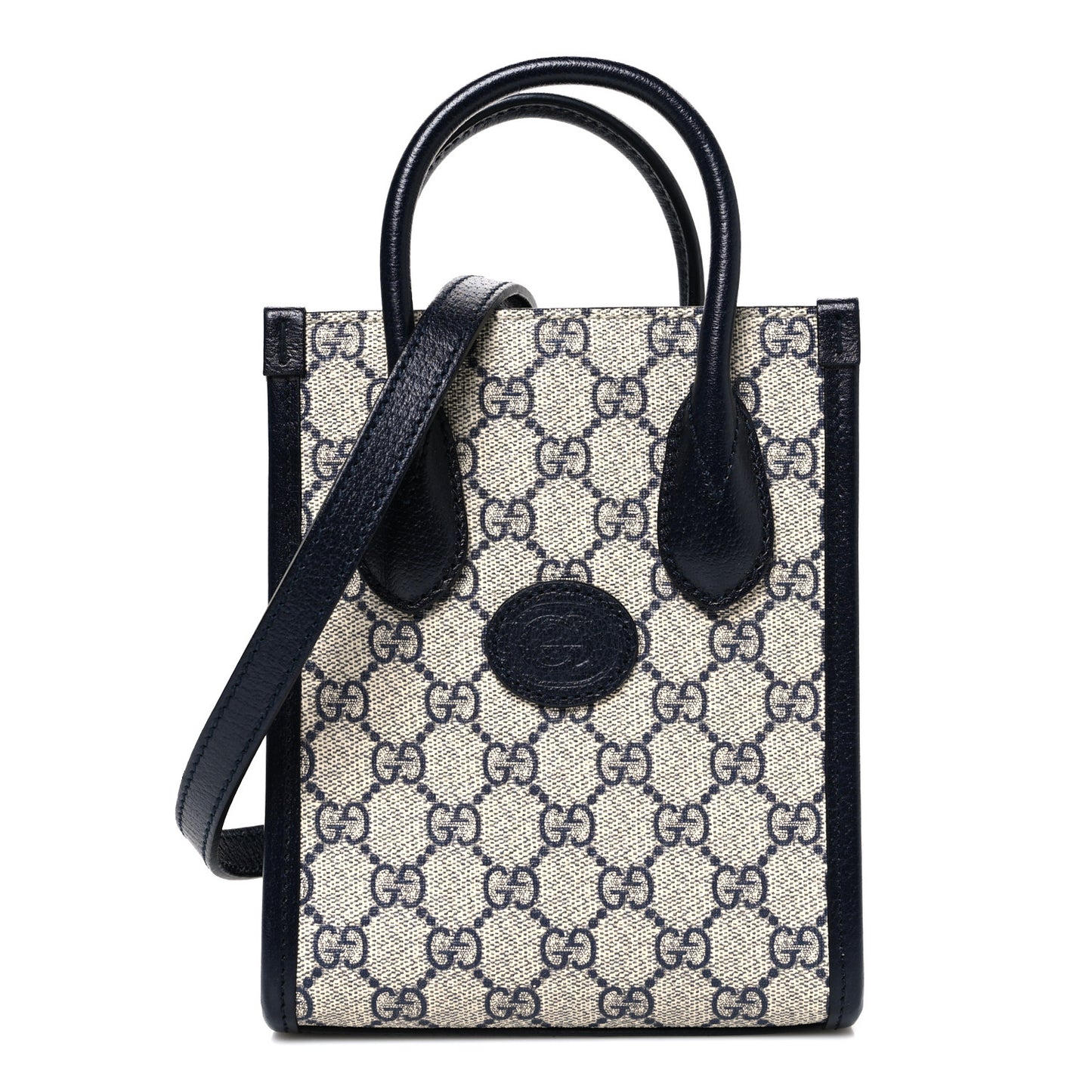 GG Supreme Monogram Textured Dollar Calfskin Mini Retro Interlocking G Tote Bag Beige Blue