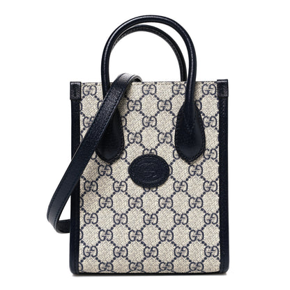 Gucci GG Supreme Monogram Textured Dollar Calfskin Mini Retro Interlocking G Tote Bag Beige Blue 1 of 10