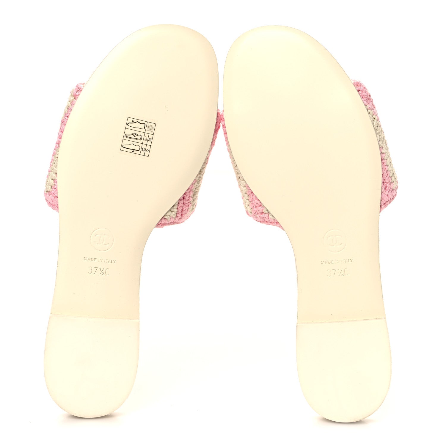 Chanel Crochet Striped Enamel Camellia Mules Sandals 37.5 Ivory Pink 5 of 9