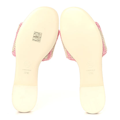 Chanel Crochet Striped Enamel Camellia Mules Sandals 37.5 Ivory Pink 5 of 9