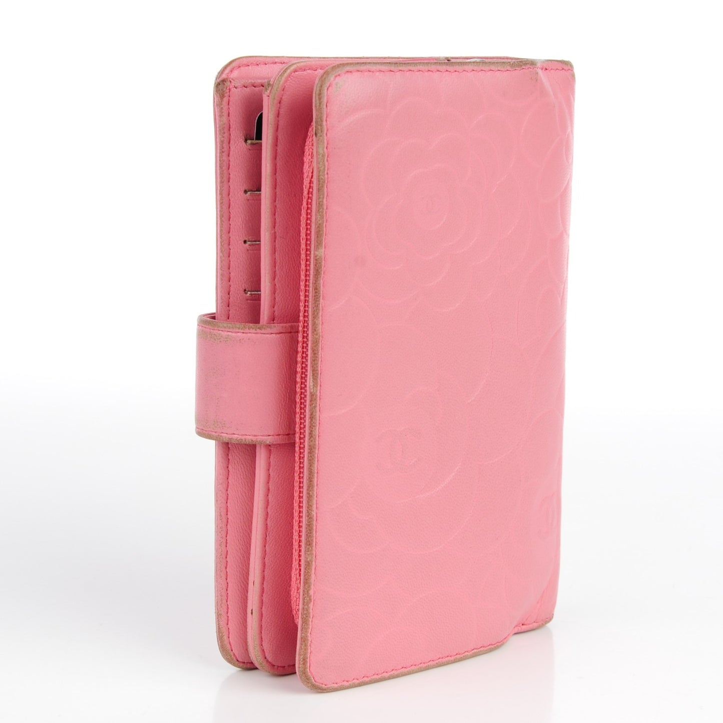 Lambskin Camellia Embossed Zipped Pocket Wallet Pink