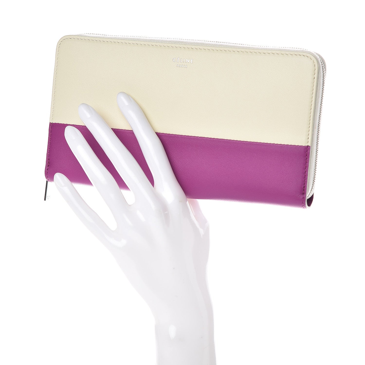 Celine Lambskin Large Zip Around Multifunction Wallet White Magenta 2 of 7