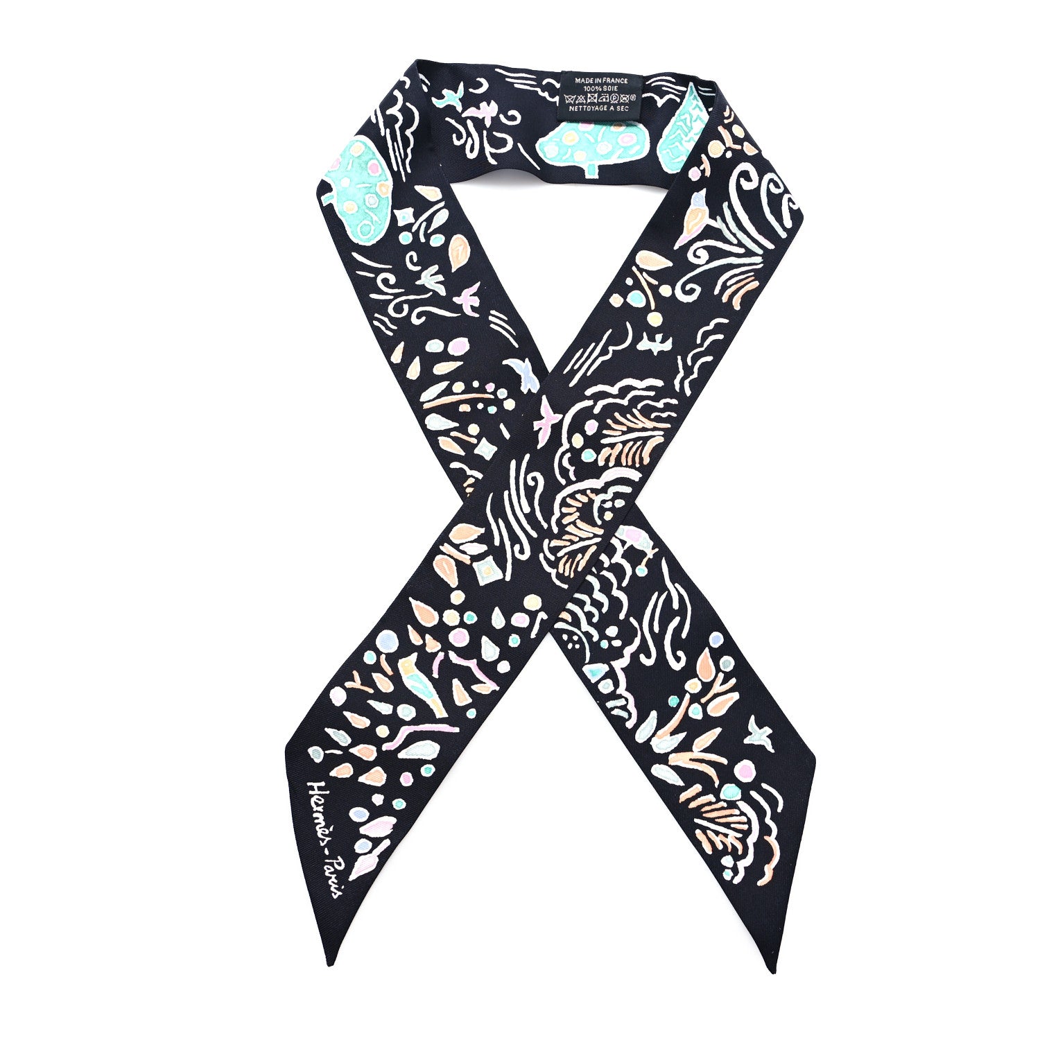 Hermes Silk Isola Di Primavera Twilly Black Vert Rose 1 of 3