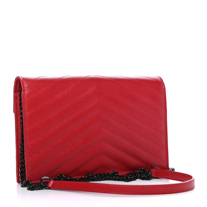 Saint Laurent Grain De Poudre Matelasse Chevron Monogram Envelope Chain Wallet Red 3 of 7