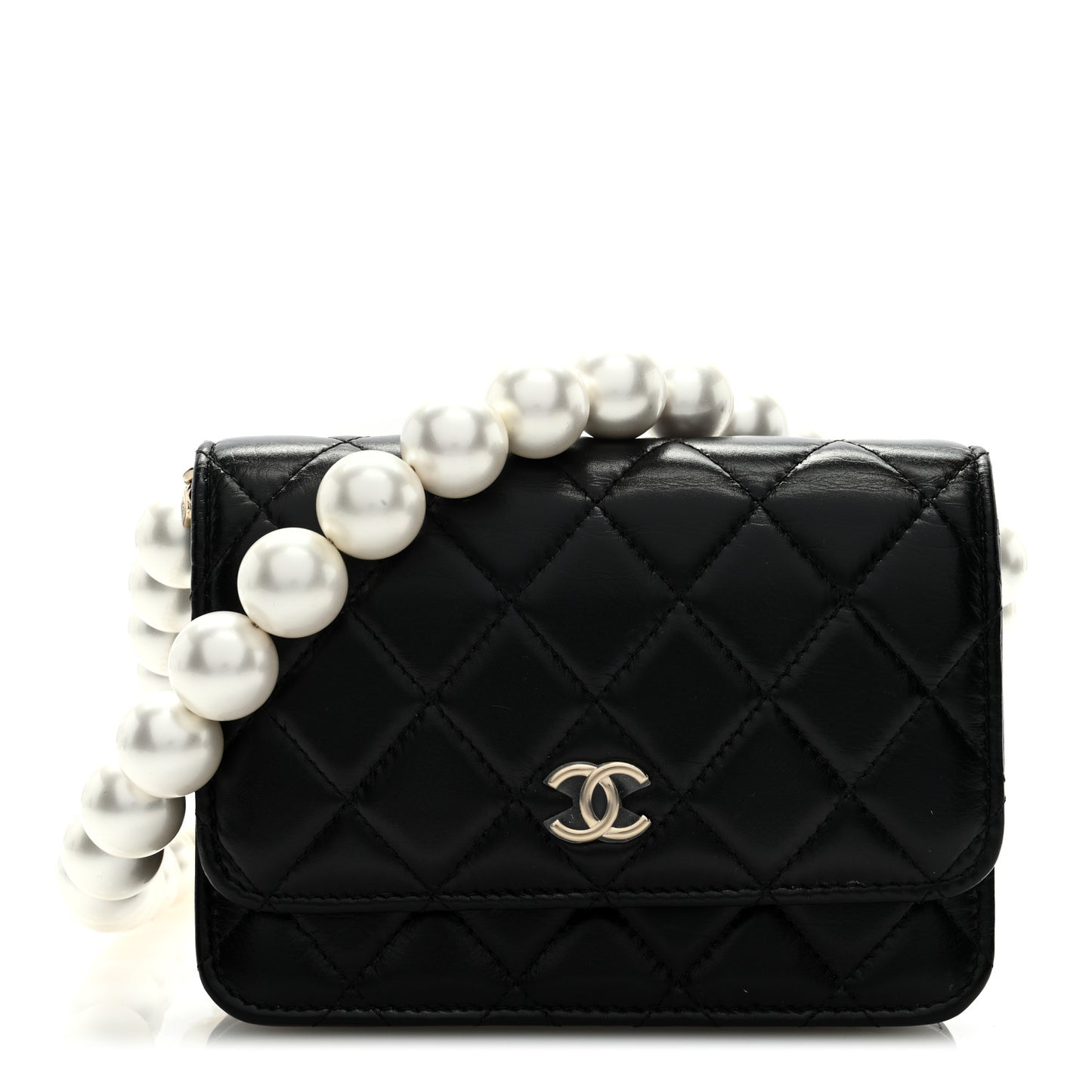Calfskin Quilted Mini Maxi Pearls Wallet On Chain WOC Black