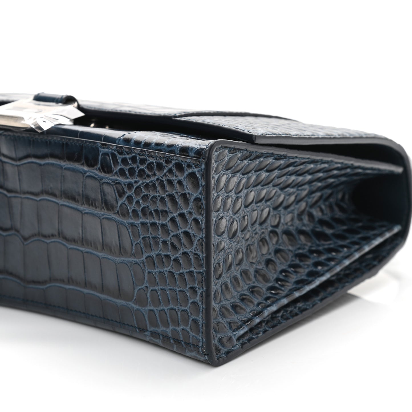 Shiny Calfskin Crocodile Embossed Medium Hourglass Top Handle Bag Denim Blue