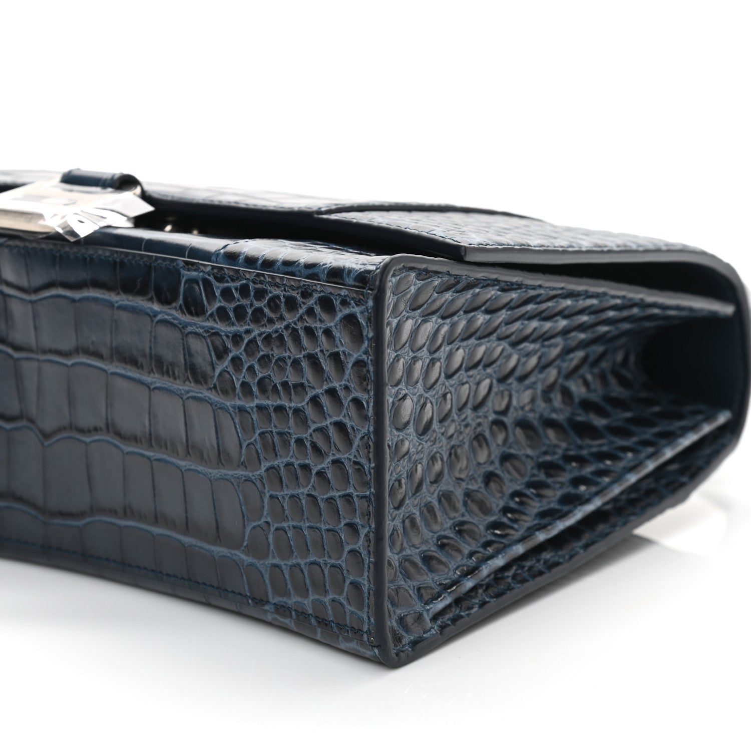 Balenciaga Shiny Calfskin Crocodile Embossed Medium Hourglass Top Handle Bag Denim Blue 10 of 13