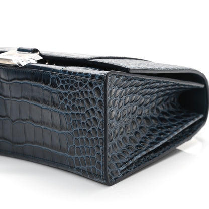 Balenciaga Shiny Calfskin Crocodile Embossed Medium Hourglass Top Handle Bag Denim Blue 10 of 13