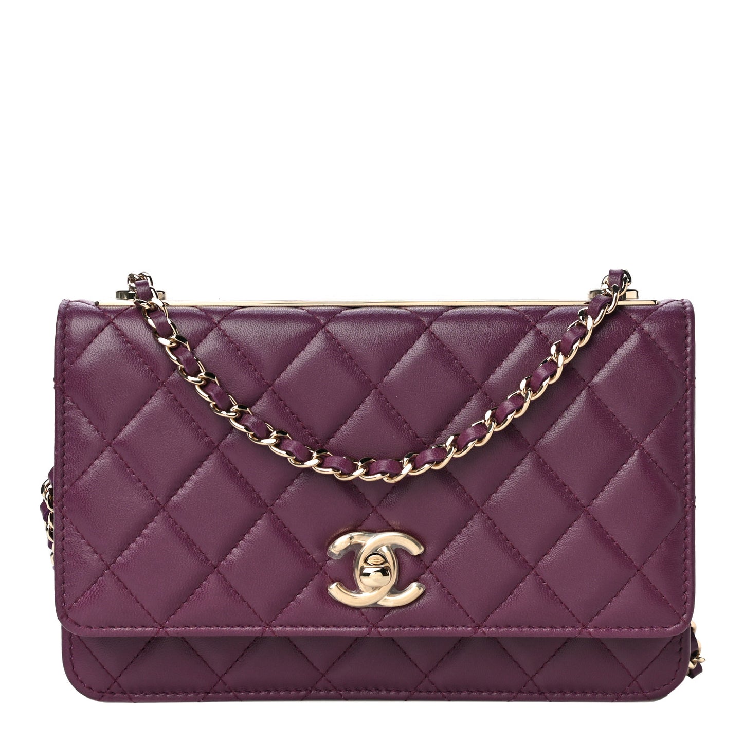 Lambskin Quilted Trendy CC Wallet On Chain WOC Purple