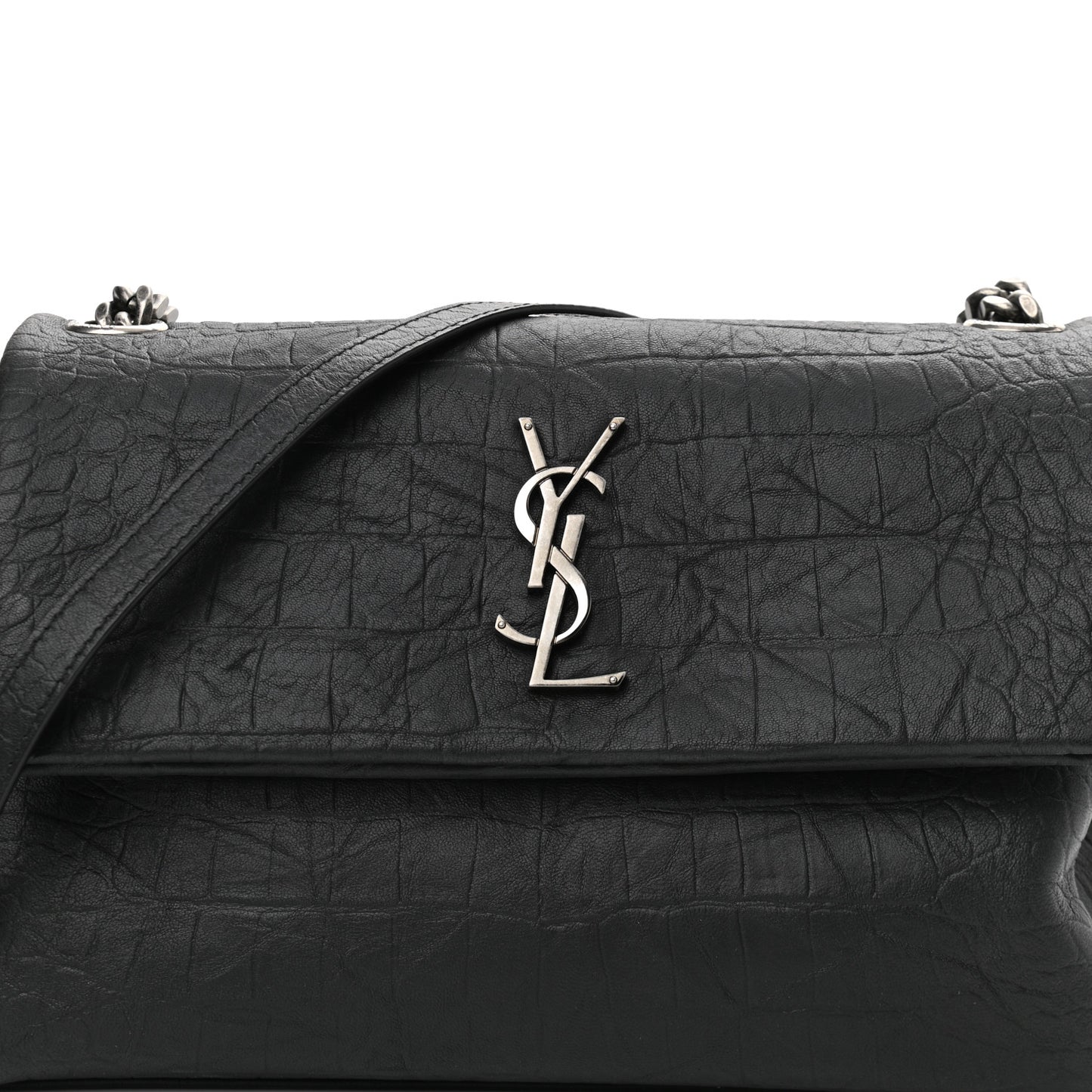 Calfskin Crocodile Embossed Medium West Hollywood Monogram Fold-Over Grey