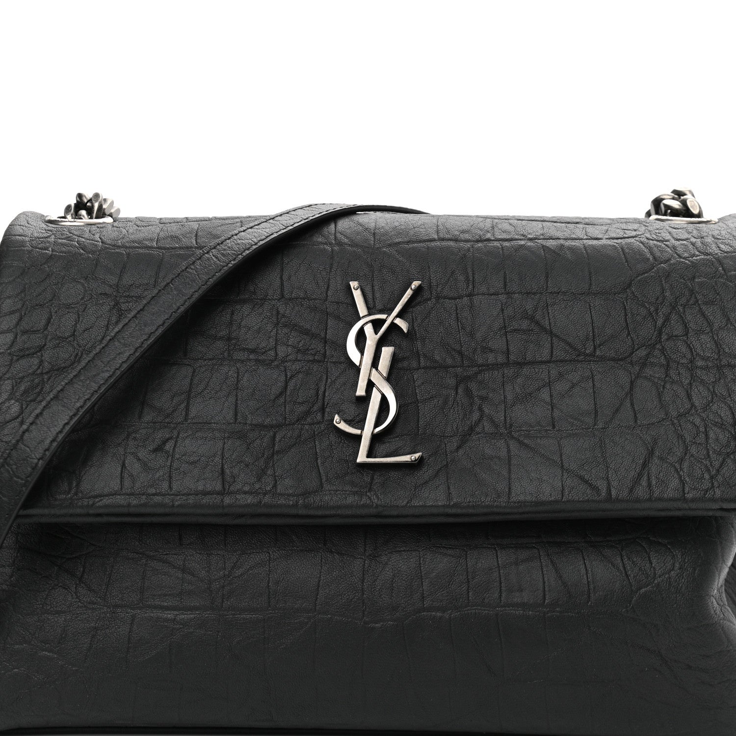 Saint Laurent Calfskin Crocodile Embossed Medium West Hollywood Monogram Fold-Over Grey 8 of 10