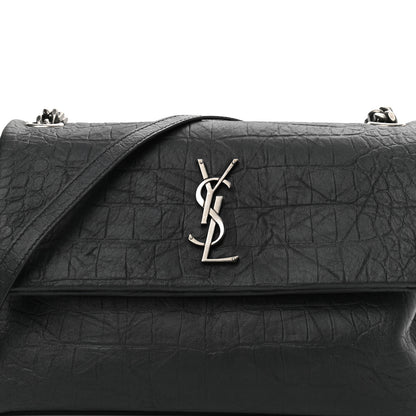 Saint Laurent Calfskin Crocodile Embossed Medium West Hollywood Monogram Fold-Over Grey 8 of 10