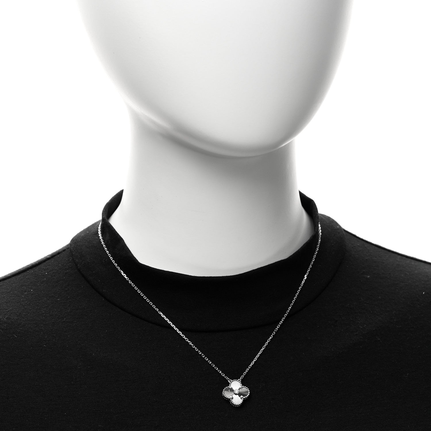 Van Cleef & Arpels 18K White Gold Diamond Guilloche Vintage Alhambra Pendant Necklace 2 of 6