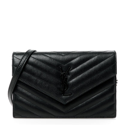 Saint Laurent Grain De Poudre Matelasse Chevron Monogram Monochrome Envelope Chain Wallet Black 1 of 11