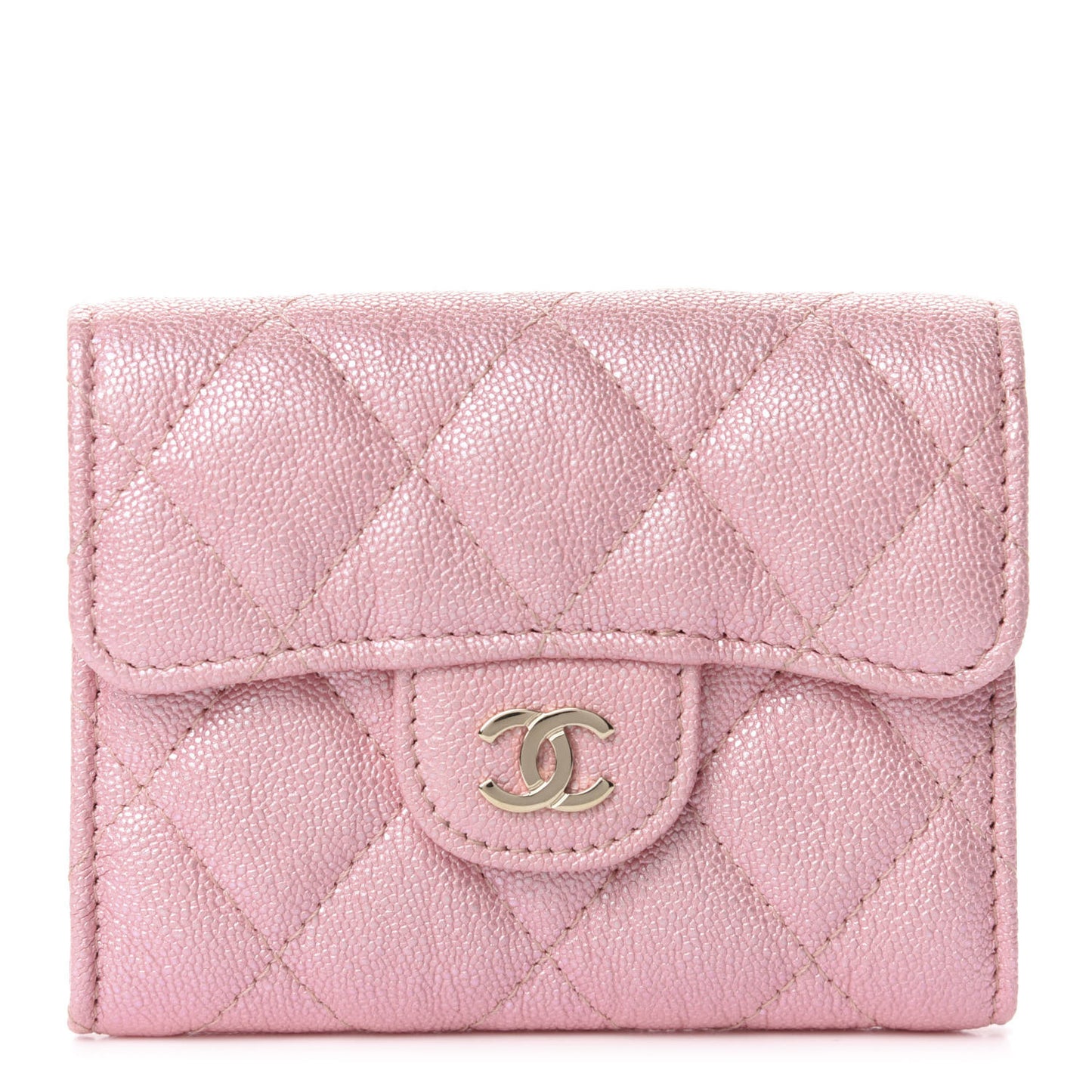 Iridescent Caviar Flap Quilted Card Holder Wallet Pink