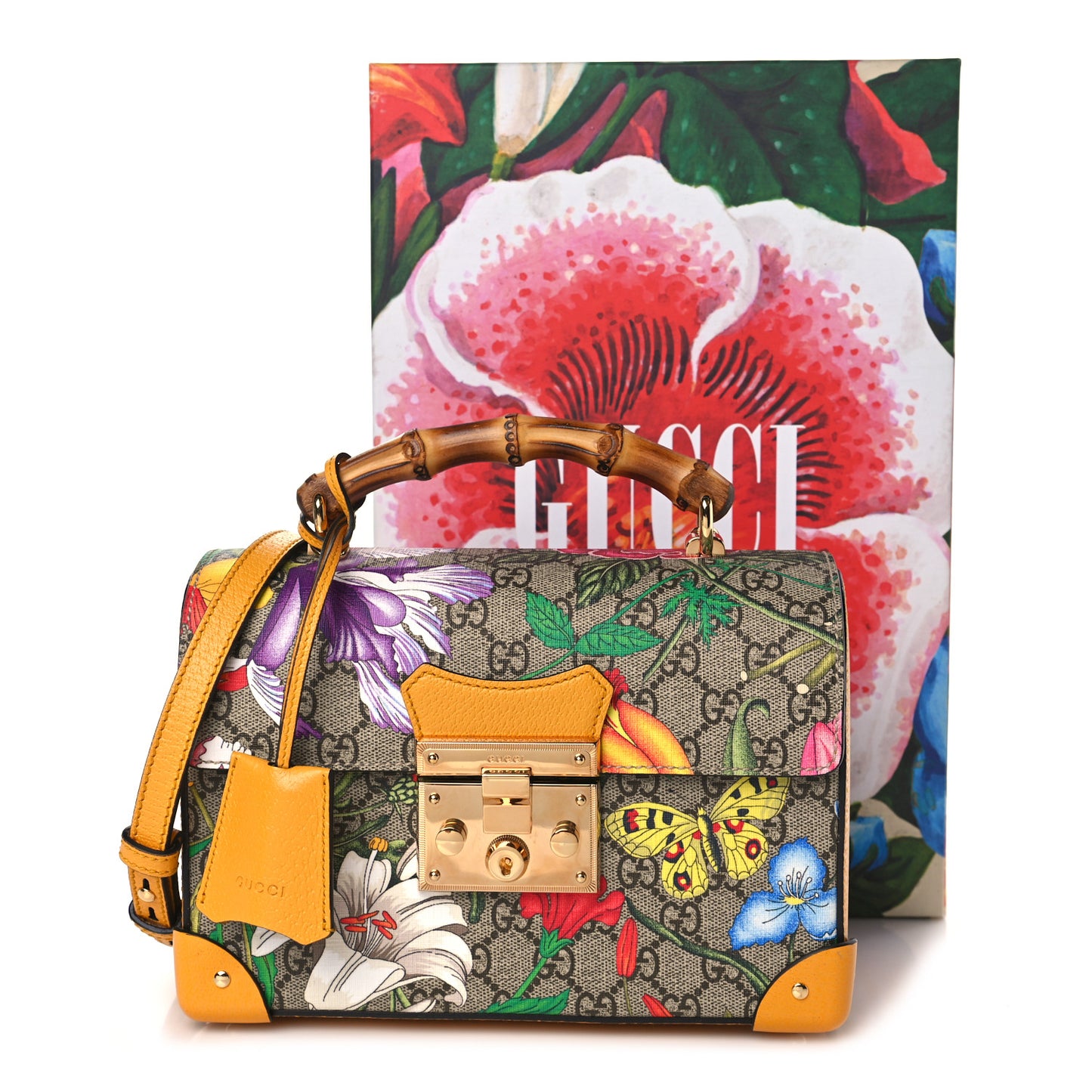 GG Supreme Monogram Flora Small Padlock Bamboo Shoulder Bag Beige Multicolor Crop