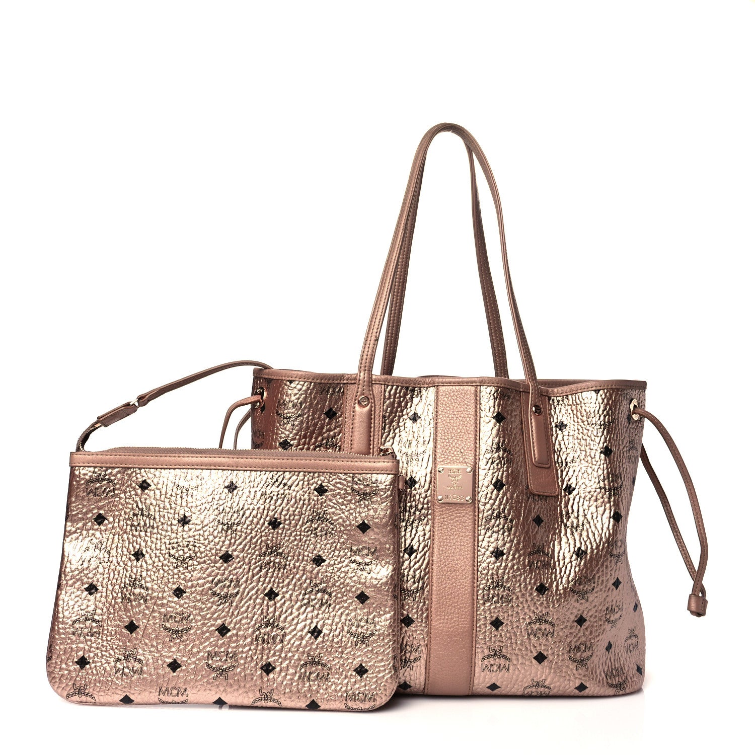 MCM Metallic Visetos Medium Liz Reversible Shopper Tote Champagne Gold 1 of 18
