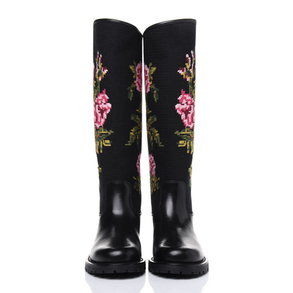 Saint Laurent Calfskin Woven Wool Embroidered Knee High Boots 37 Black 2 of 8