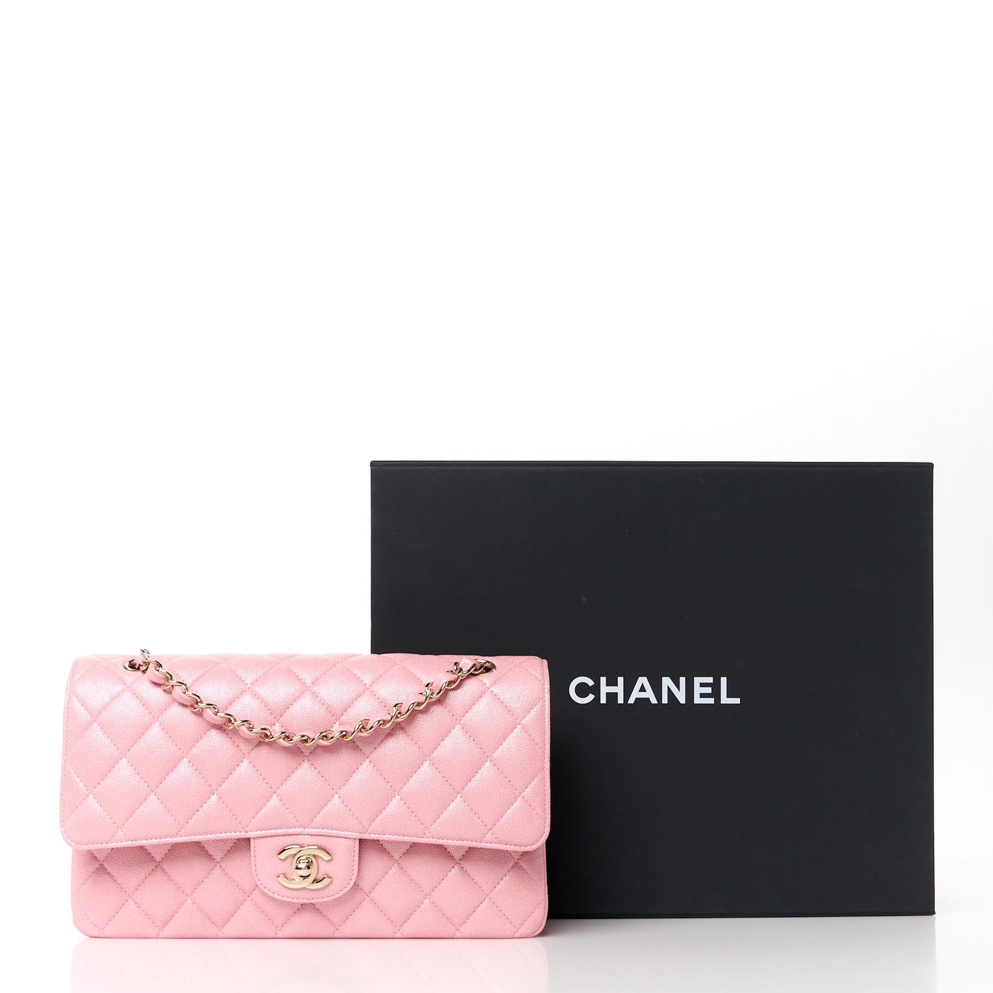 Iridescent Caviar Quilted Medium Double Flap Rose Pink