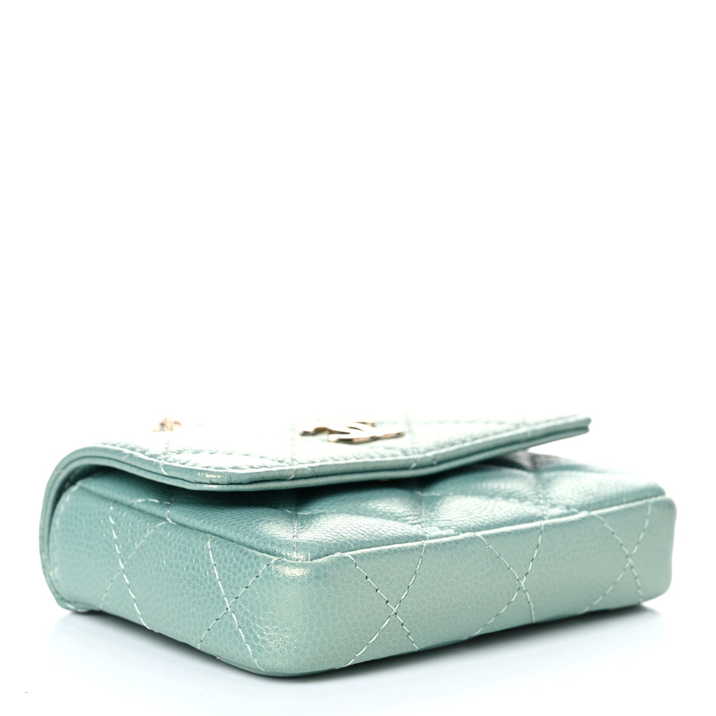 Iridescent Caviar Quilted Pearl On Top Coin Purse With Chain Light Green