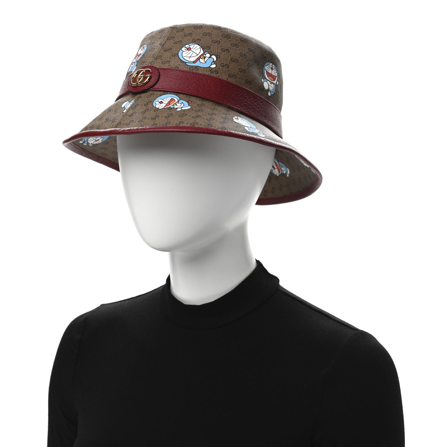 X DORAEMON Mini Vintage GG Supreme Monogram Textured Dollar Calfskin Bucket Hat S Beige Cherry Red