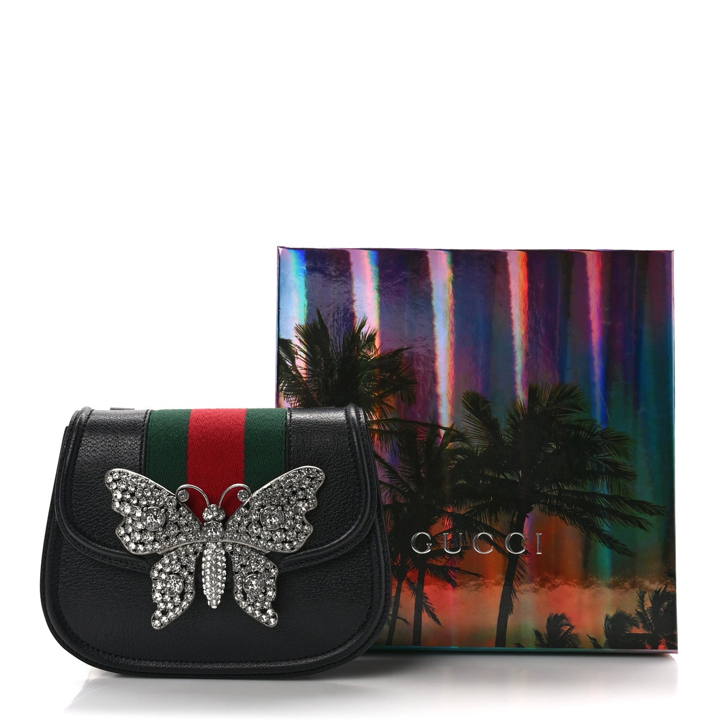 Calfskin Web Crystal Butterfly Stripe Small Totem Shoulder Bag Black