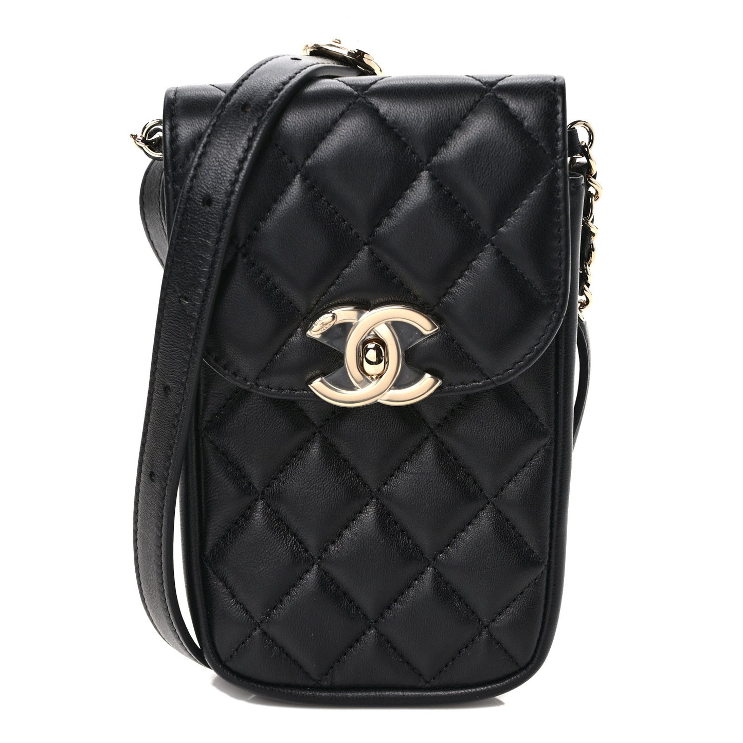 Lambskin Quilted Phone Chain Clutch Waist Bag Black