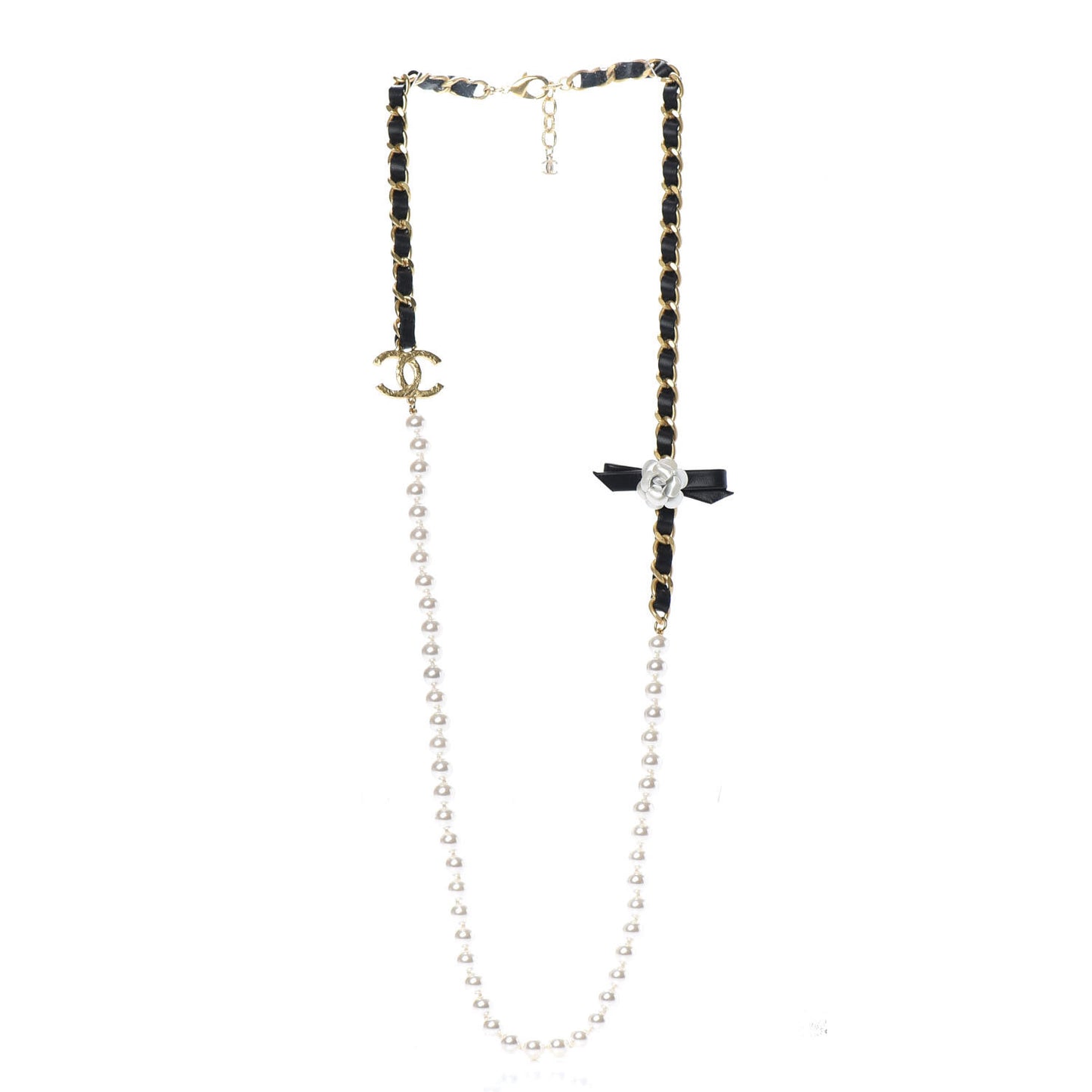 Calfskin Pearl Chain 90's Camellia Long Necklace Black Gold