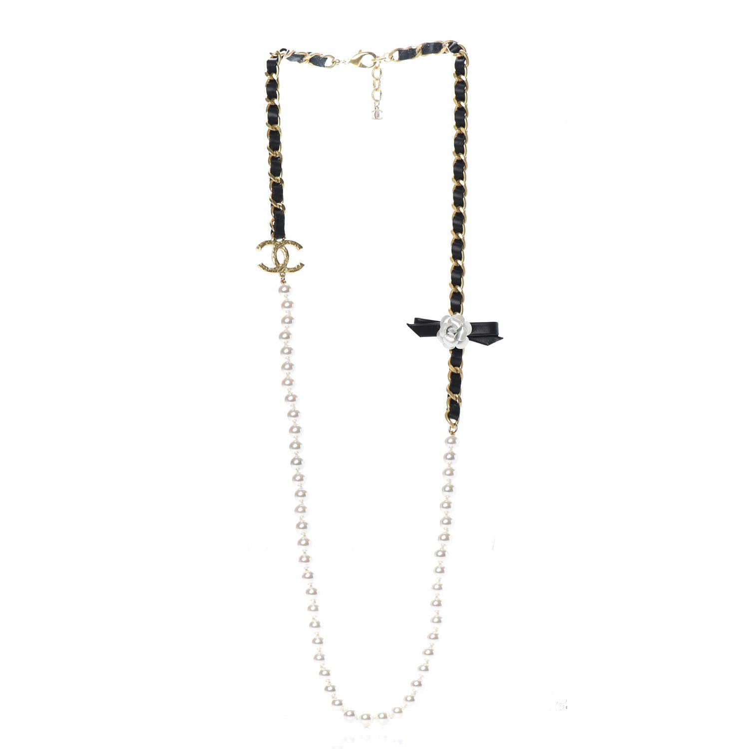 Chanel Calfskin Pearl Chain 90's Camellia Long Necklace Black Gold 3 of 5
