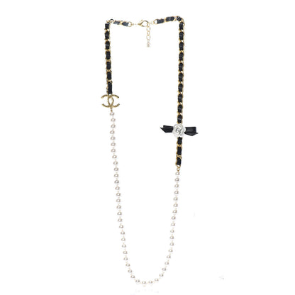 Chanel Calfskin Pearl Chain 90's Camellia Long Necklace Black Gold 3 of 5