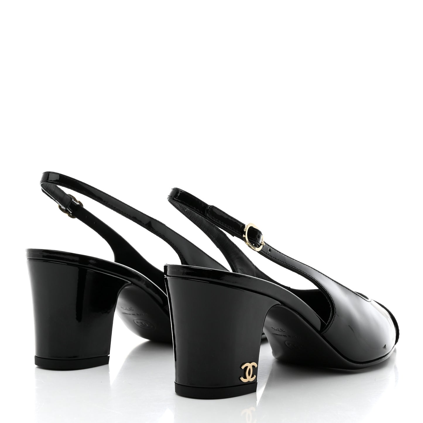 Patent Calfskin Cap Toe CC Slingback Pumps 37.5 Black