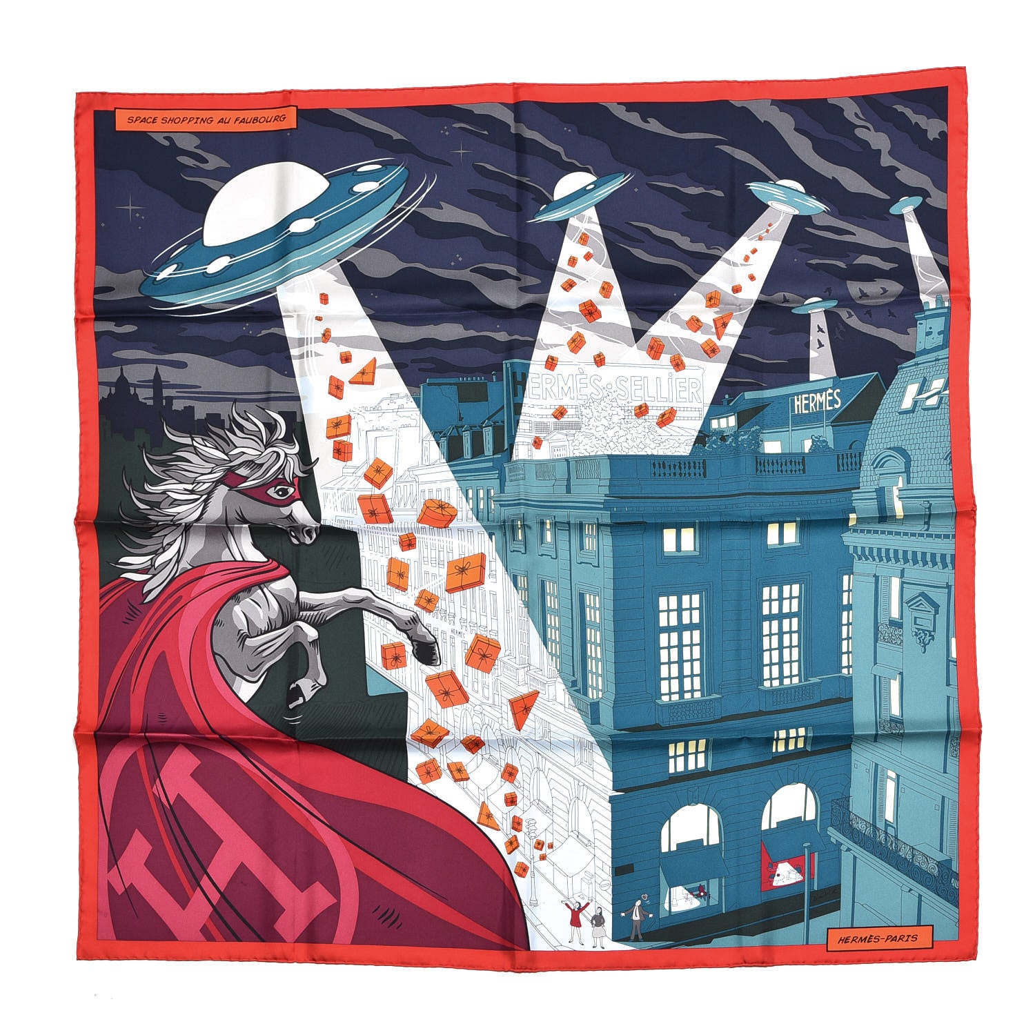 Hermes Silk Space Shopping Au Faubourg Scarf 90 Vert Bleu Nuit Bordeaux 1 of 5