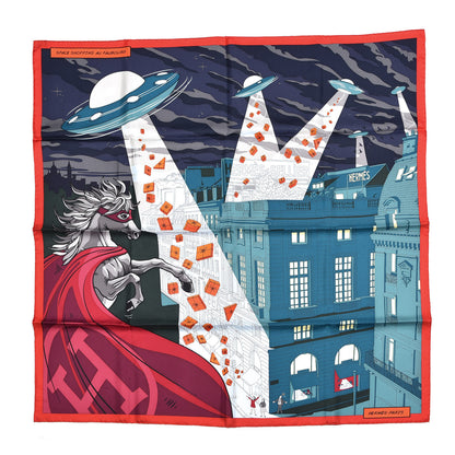 Hermes Silk Space Shopping Au Faubourg Scarf 90 Vert Bleu Nuit Bordeaux 1 of 5