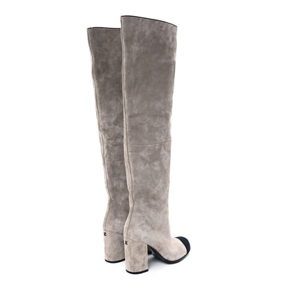 Chanel Suede Calfskin Grosgrain Cap Toe Knee High Boots 36.5 Grey Black 4 of 9