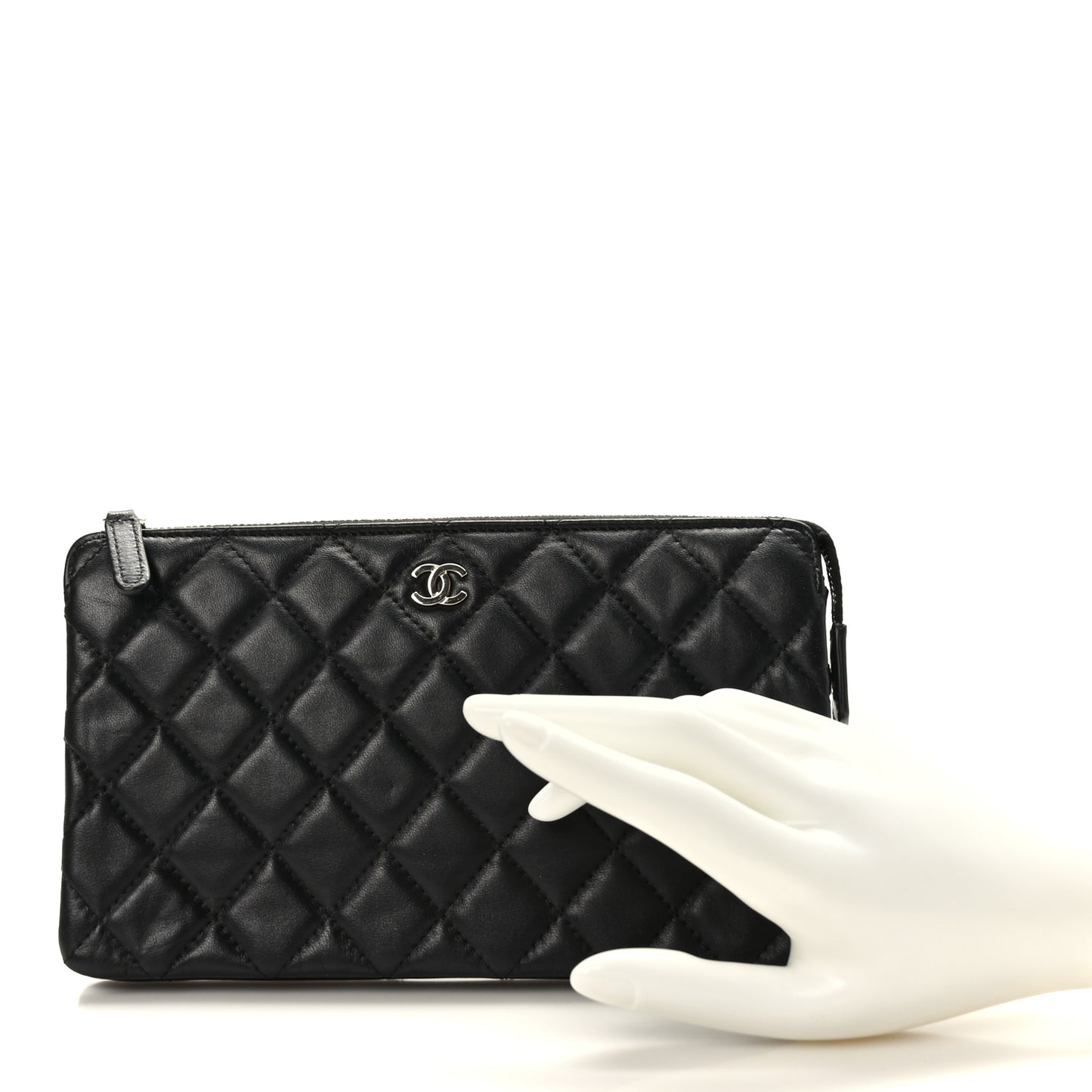 Lambskin Quilted Large Zipped Clutch Black