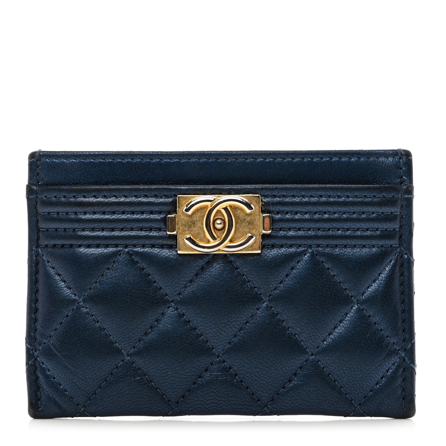 Metallic Lambskin Quilted Boy Card Holder Blue