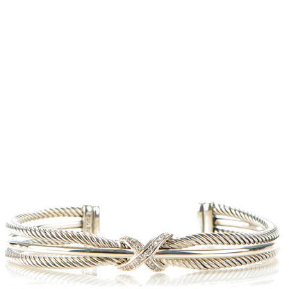 David Yurman Sterling Silver Pave Diamond 7mm X Crossover Cuff 1 of 4