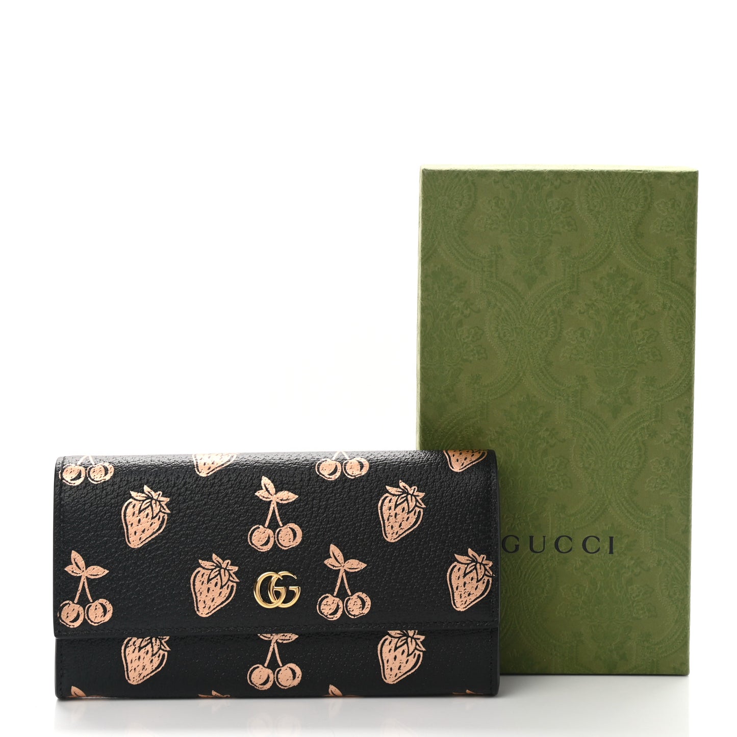 Textured Dollar Calfskin Berry Print GG Marmont Continental Wallet Black Light Copper