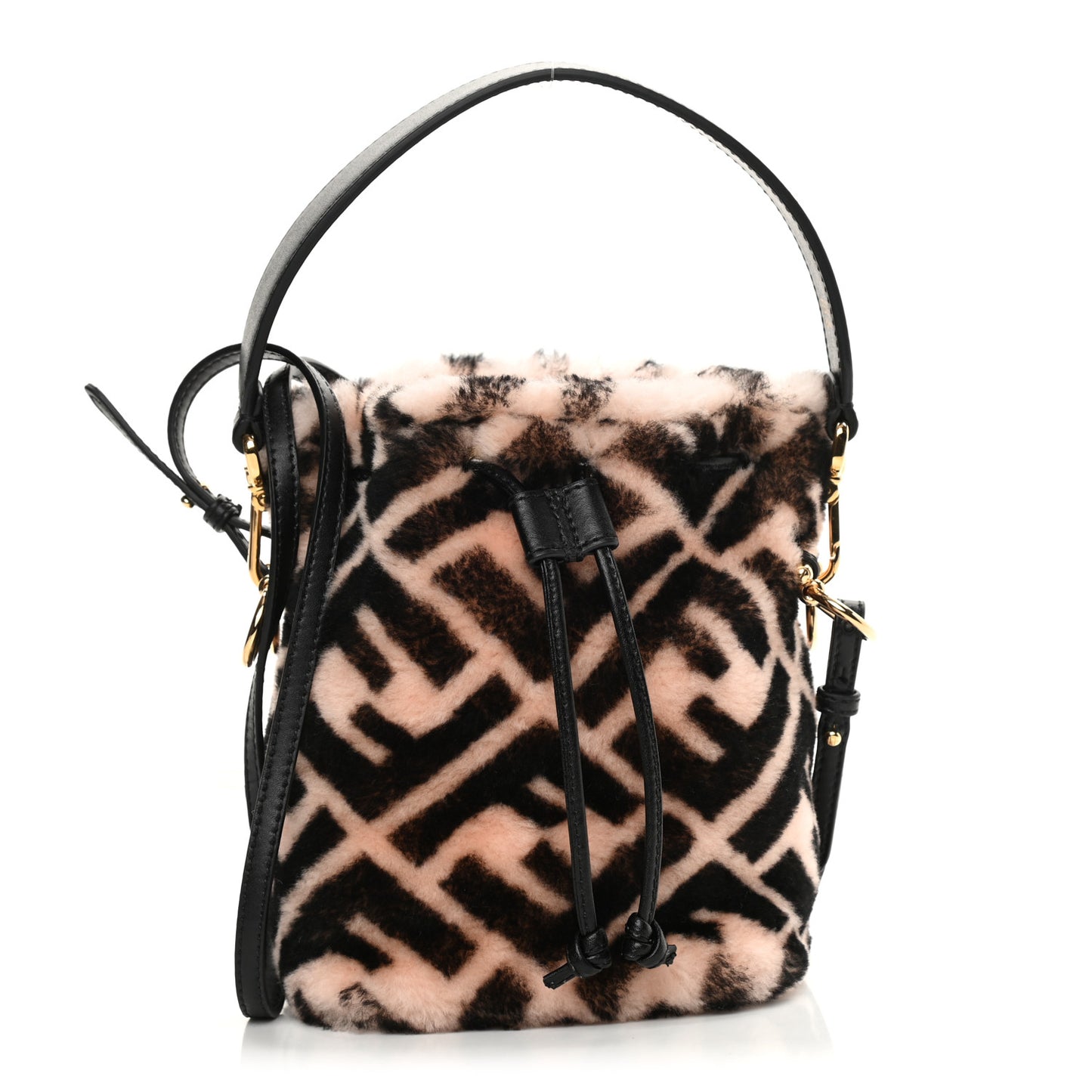 Shearling F is Fendi Macro FF 1974 Diagonal Mini Mon Tresor Bucket Bag Light Rose Black